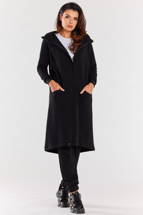 Bluza damska długa z kapturem dresowa rozpinana bawełna czarna M278 Bluza damska długa z kapturem dresowa rozpinana bawełna czarna M278