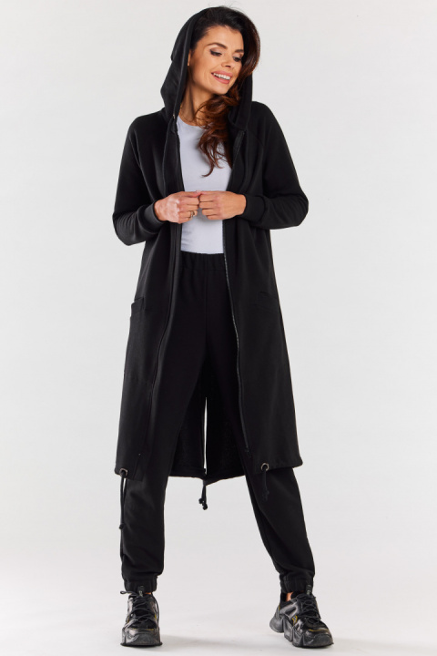 Bluza damska długa z kapturem dresowa rozpinana bawełna czarna M278 Bluza damska długa z kapturem dresowa rozpinana bawełna czarna M278