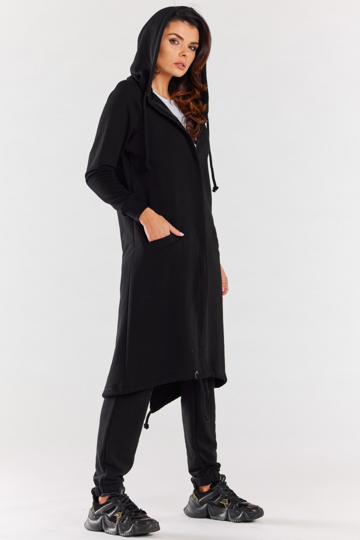 Bluza damska długa z kapturem dresowa rozpinana bawełna czarna M278