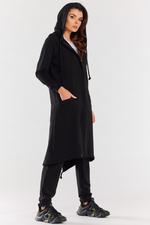 Bluza damska długa z kapturem dresowa rozpinana bawełna czarna M278 Bluza damska długa z kapturem dresowa rozpinana bawełna czarna M278
