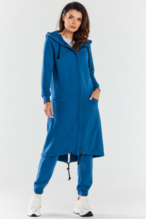 Bluza damska długa z kapturem dresowa rozpinana bawełna niebieska M278 Bluza damska długa z kapturem dresowa rozpinana bawełna niebieska M278