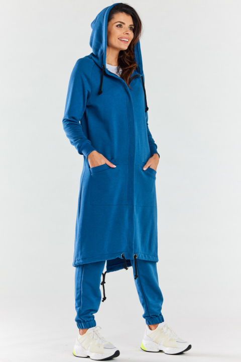 Bluza damska długa z kapturem dresowa rozpinana bawełna niebieska M278 Bluza damska długa z kapturem dresowa rozpinana bawełna niebieska M278