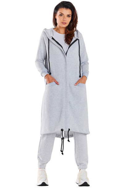 Bluza damska długa z kapturem dresowa rozpinana bawełna szara M278 Bluza damska długa z kapturem dresowa rozpinana bawełna szara M278