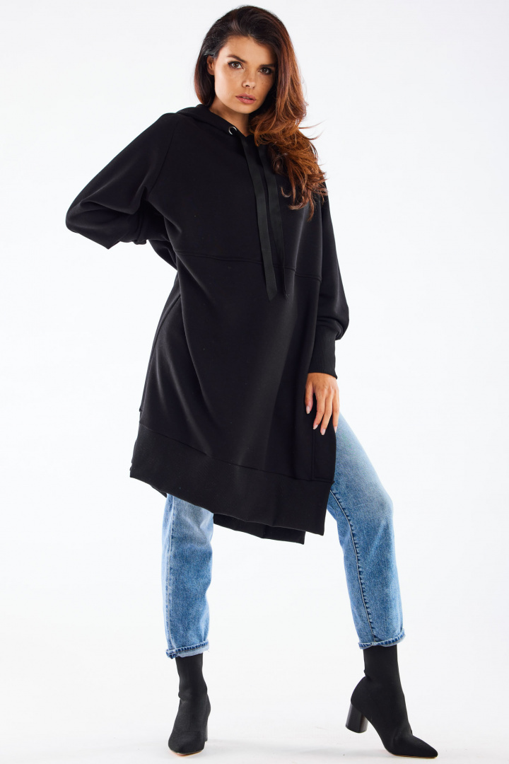 Bluza damska oversize z kapturem długa bawełniana czarna M279