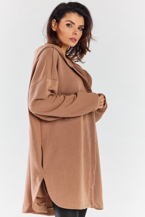 Bluza damska oversize z kapturem rozpinana bawełniana beżowa M281 Bluza damska oversize z kapturem rozpinana bawełniana beżowa M281