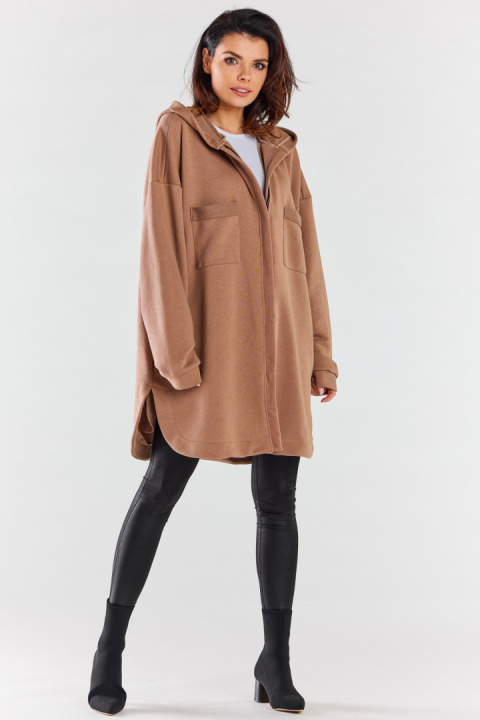 Bluza damska oversize z kapturem rozpinana bawełniana beżowa M281 Bluza damska oversize z kapturem rozpinana bawełniana beżowa M281