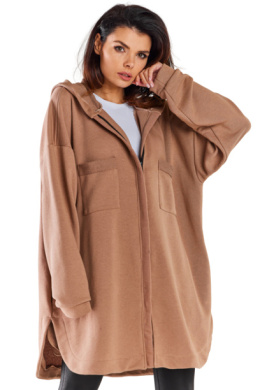 Bluza damska oversize z kapturem rozpinana bawełniana beżowa M281