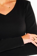 Bluzka damska prążkowana bawełniana długi rękaw dekolt V czarna M286