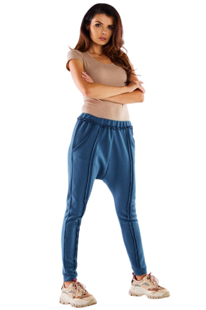 Spodnie damskie dresowe z obniżonym krokiem bawełniane niebieskie M274