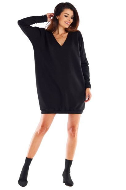 Sukienka mini oversize bombka długi rękaw dekolt V czarna M272 Sukienka mini oversize bombka długi rękaw dekolt V czarna M272