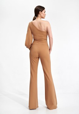 Elegancki kombinezon z jednym rękawem spodnie dzwony beżowy M870