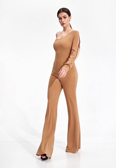 Elegancki kombinezon z jednym rękawem spodnie dzwony beżowy M870 Elegancki kombinezon z jednym rękawem spodnie dzwony beżowy M870