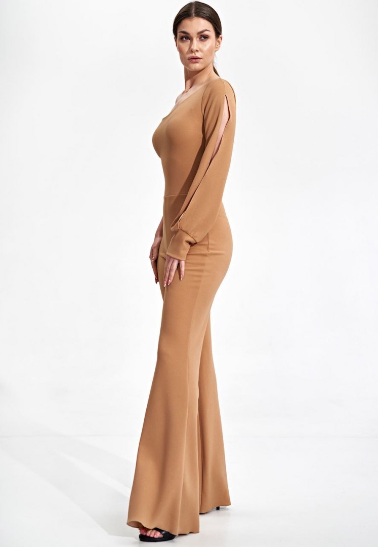Elegancki kombinezon z jednym rękawem spodnie dzwony beżowy M870 Elegancki kombinezon z jednym rękawem spodnie dzwony beżowy M870