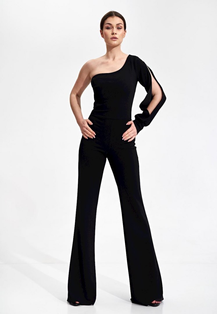 Elegancki kombinezon z jednym rękawem spodnie dzwony czarny M870