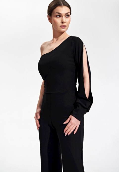 Elegancki kombinezon z jednym rękawem spodnie dzwony czarny M870 Elegancki kombinezon z jednym rękawem spodnie dzwony czarny M870