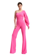 Elegancki kombinezon z jednym rękawem spodnie dzwony różowy M870