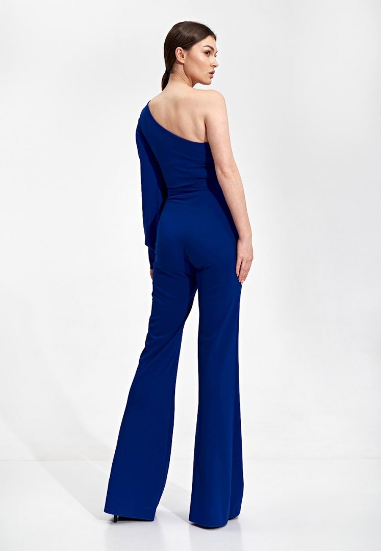 Elegancki kombinezon z jednym rękawem spodnie dzwony szafirowy M870 Elegancki kombinezon z jednym rękawem spodnie dzwony szafirowy M870