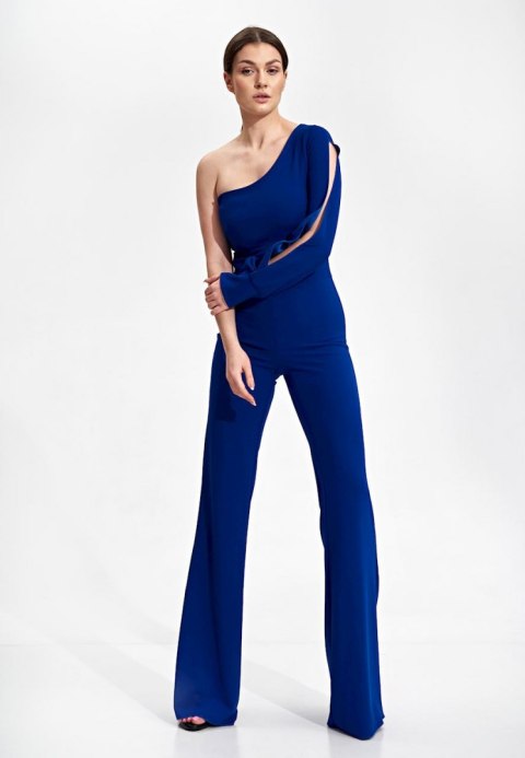 Elegancki kombinezon z jednym rękawem spodnie dzwony szafirowy M870 Elegancki kombinezon z jednym rękawem spodnie dzwony szafirowy M870