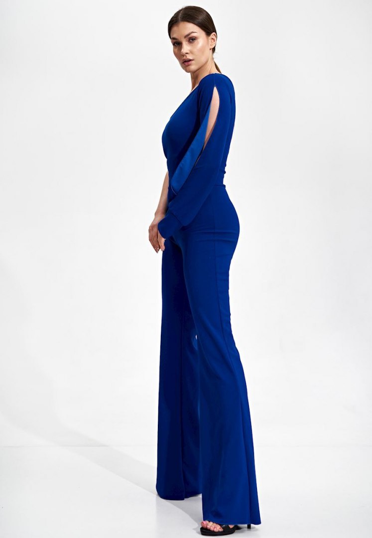 Elegancki kombinezon z jednym rękawem spodnie dzwony szafirowy M870 Elegancki kombinezon z jednym rękawem spodnie dzwony szafirowy M870