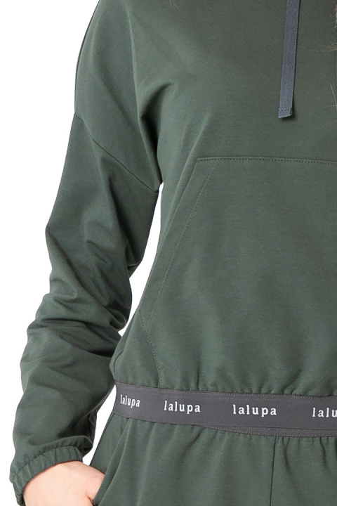 Krótka bluza damska crop dresowa z kapturem i gumką oliwkowa LA103 Krótka bluza damska crop dresowa z kapturem i gumką oliwkowa LA103