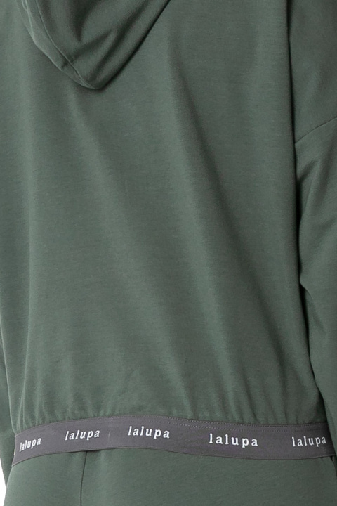 Krótka bluza damska crop dresowa z kapturem i gumką oliwkowa LA103 Krótka bluza damska crop dresowa z kapturem i gumką oliwkowa LA103