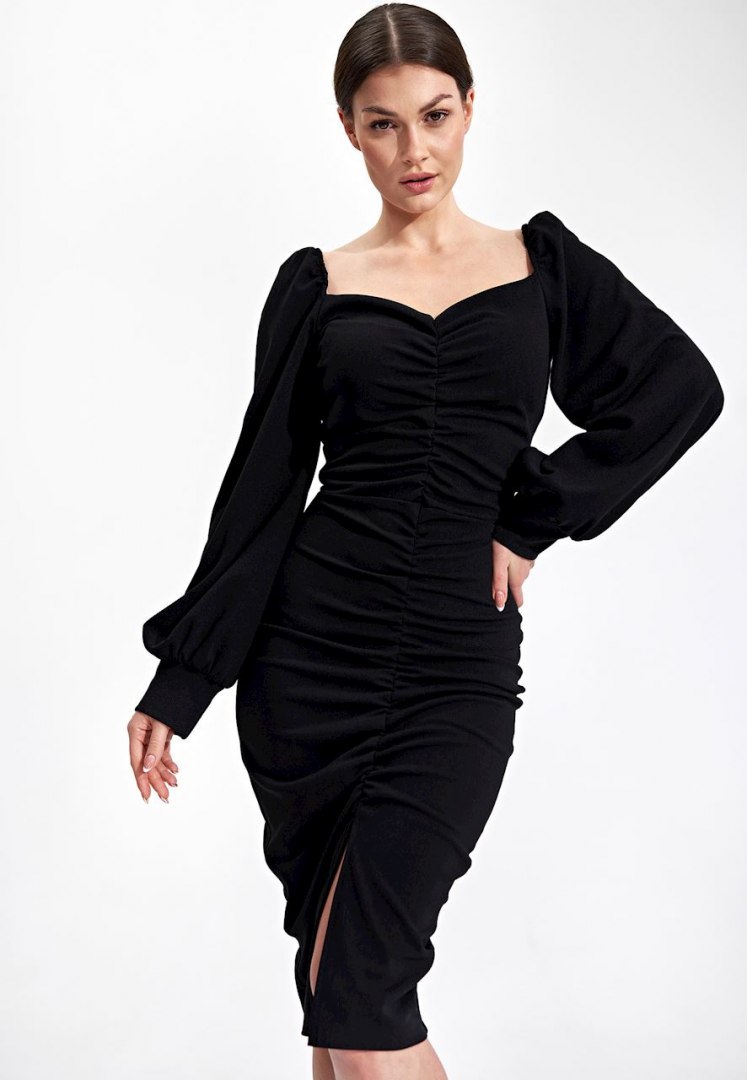 Sukienka midi z długim bufiastym rękawem dekolt karo czarna M871