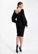 Sukienka midi z długim bufiastym rękawem dekolt karo czarna M871