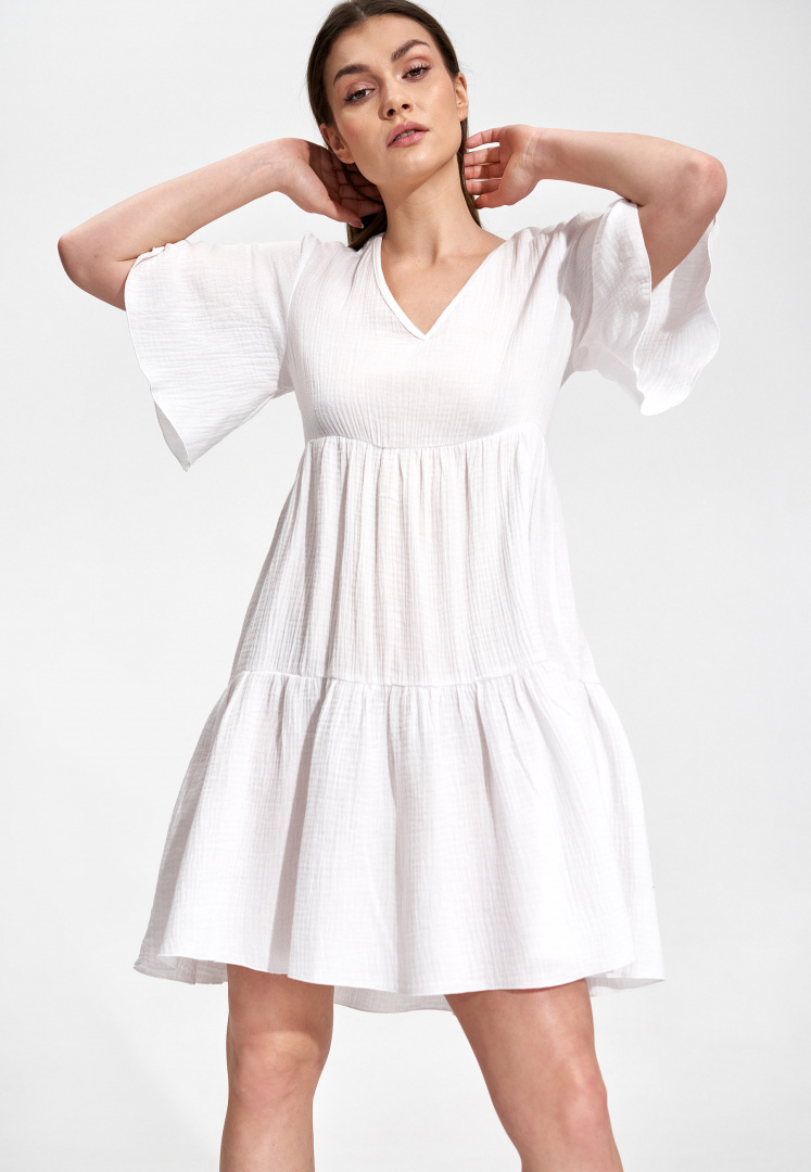 Sukienka letnia mini rozkloszowana falbanki krótki rękaw biała M869