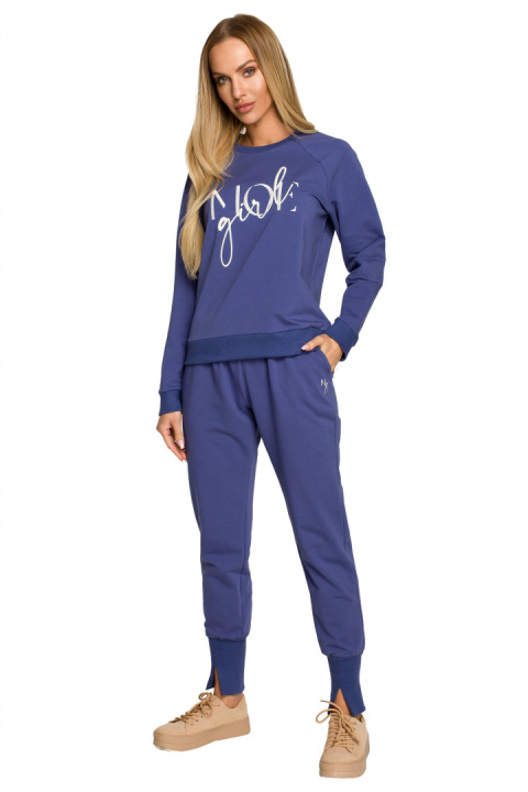Bluza damska dresowa z haftem i ściągaczem dzianinowa indygo me693 Bluza damska dresowa z haftem i ściągaczem dzianinowa indygo me693