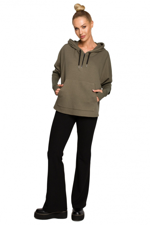Bluza damska trapezowa z kapturem kieszeń kangurek khaki me689 Bluza damska trapezowa z kapturem kieszeń kangurek khaki me689