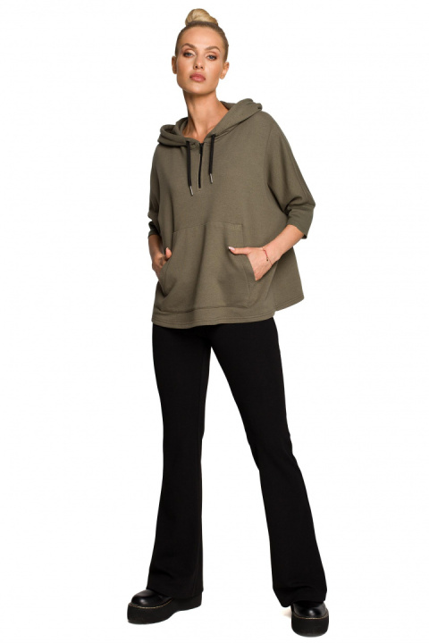 Bluza damska trapezowa z kapturem kieszeń kangurek khaki me689 Bluza damska trapezowa z kapturem kieszeń kangurek khaki me689