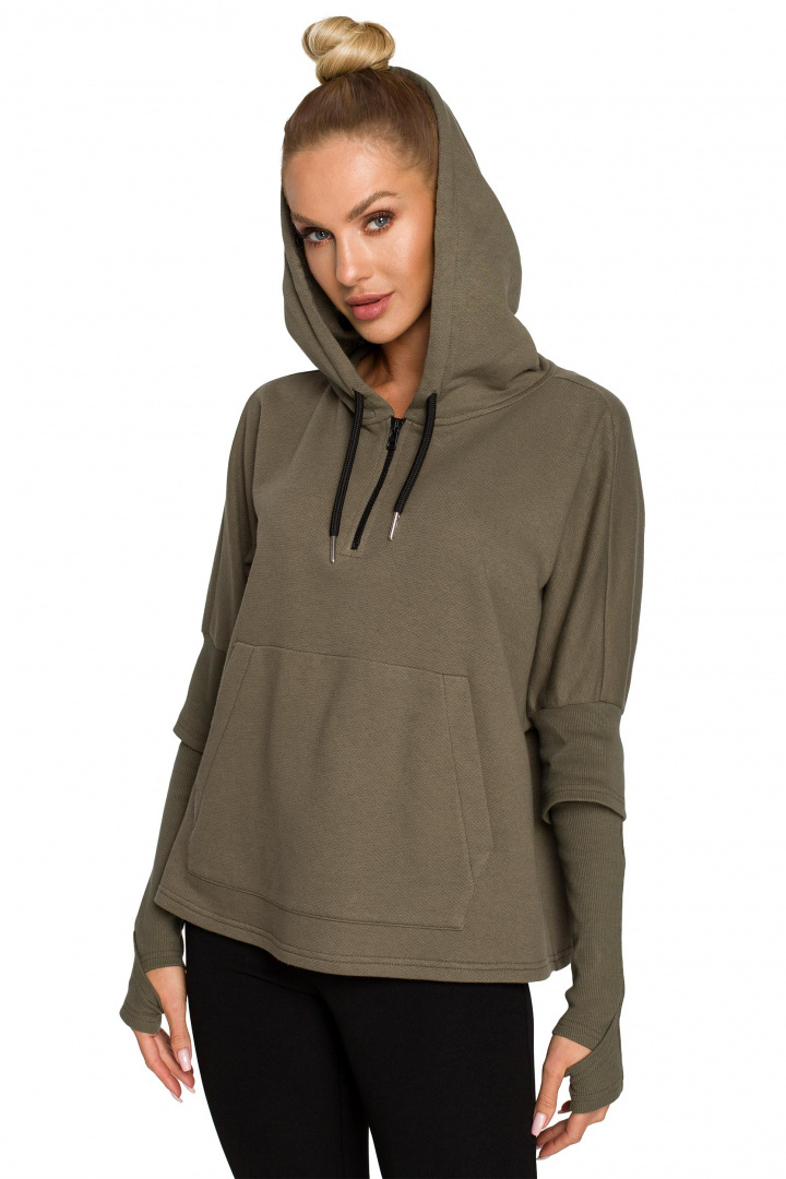 Bluza damska trapezowa z kapturem kieszeń kangurek khaki me689 Bluza damska trapezowa z kapturem kieszeń kangurek khaki me689