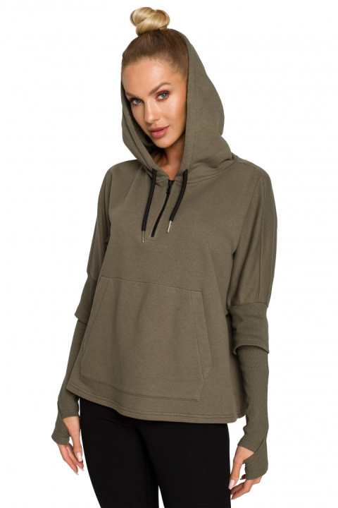 Bluza damska trapezowa z kapturem kieszeń kangurek khaki me689 Bluza damska trapezowa z kapturem kieszeń kangurek khaki me689