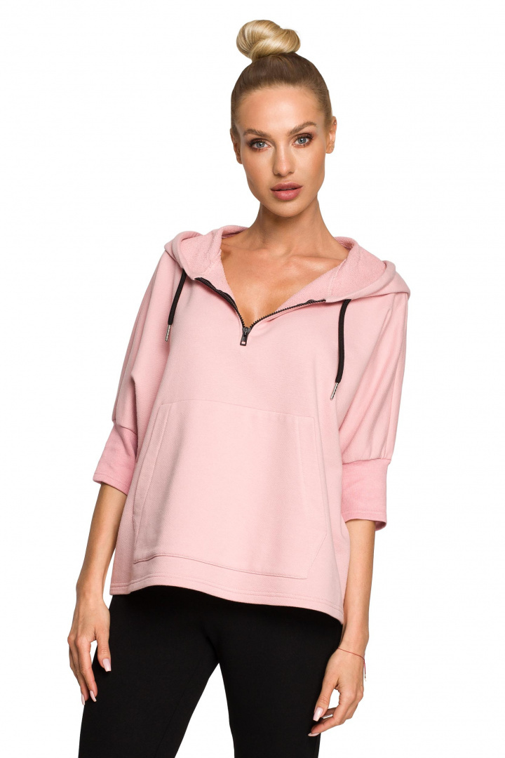 Bluza damska trapezowa z kapturem kieszeń kangurek pudrowa me689 Bluza damska trapezowa z kapturem kieszeń kangurek pudrowa me689