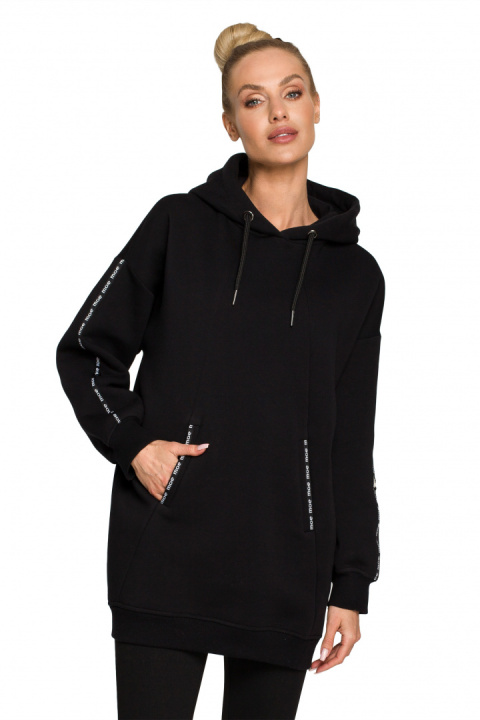 Bluza damska długa z kapturem dzianinowa z kieszeniami czarna me696 Bluza damska długa z kapturem dzianinowa z kieszeniami czarna me696