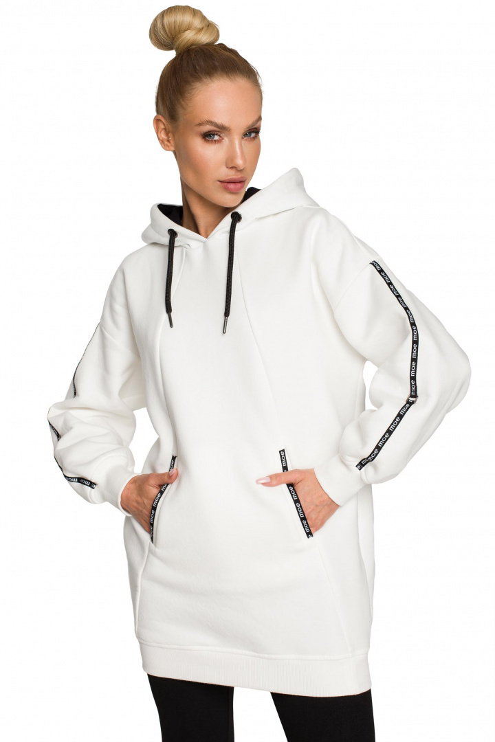 Bluza damska długa z kapturem dzianinowa z kieszeniami ecru me696 Bluza damska długa z kapturem dzianinowa z kieszeniami ecru me696
