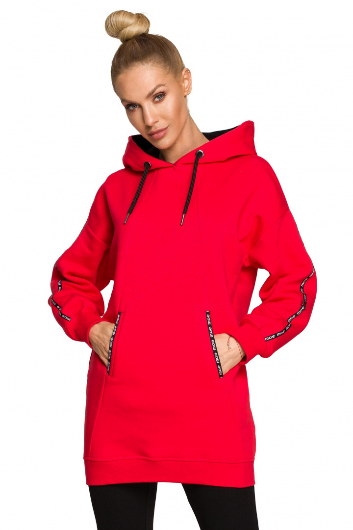 Bluza damska długa z kapturem dzianinowa z kieszeniami czerwona me696 Bluza damska długa z kapturem dzianinowa z kieszeniami czerwona me696