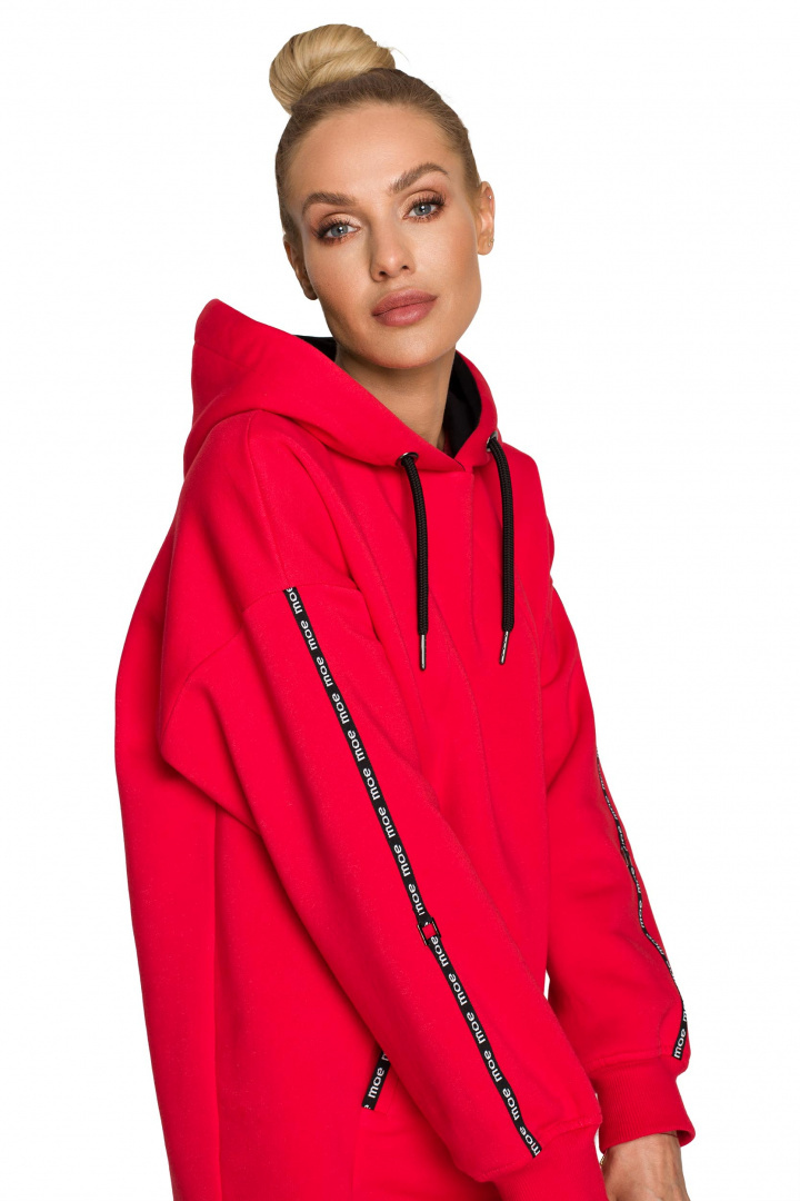 Bluza damska długa z kapturem dzianinowa z kieszeniami czerwona me696 Bluza damska długa z kapturem dzianinowa z kieszeniami czerwona me696