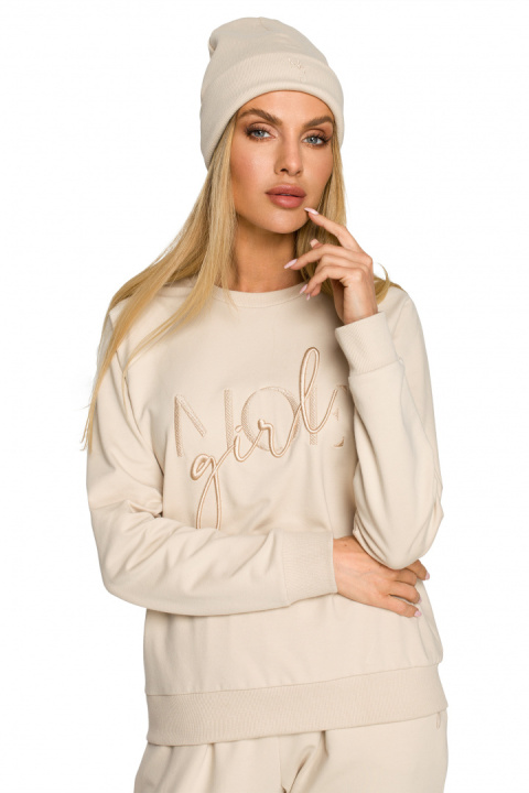 Czapka damska beanie prążkowana z haftem dzianinowa piaskowa me709 Czapka damska beanie prążkowana z haftem dzianinowa piaskowa me709