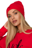 Czapka damska beanie prążkowana z haftem dzianinowa czerwona me709