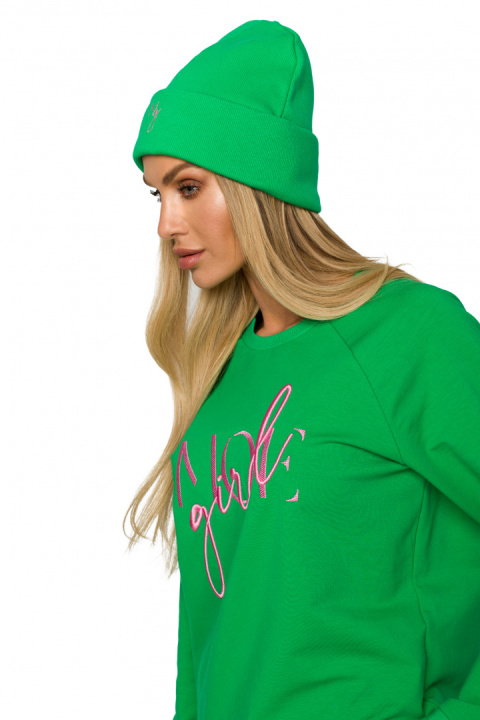 Czapka damska beanie prążkowana z haftem dzianinowa zielona me709 Czapka damska beanie prążkowana z haftem dzianinowa zielona me709