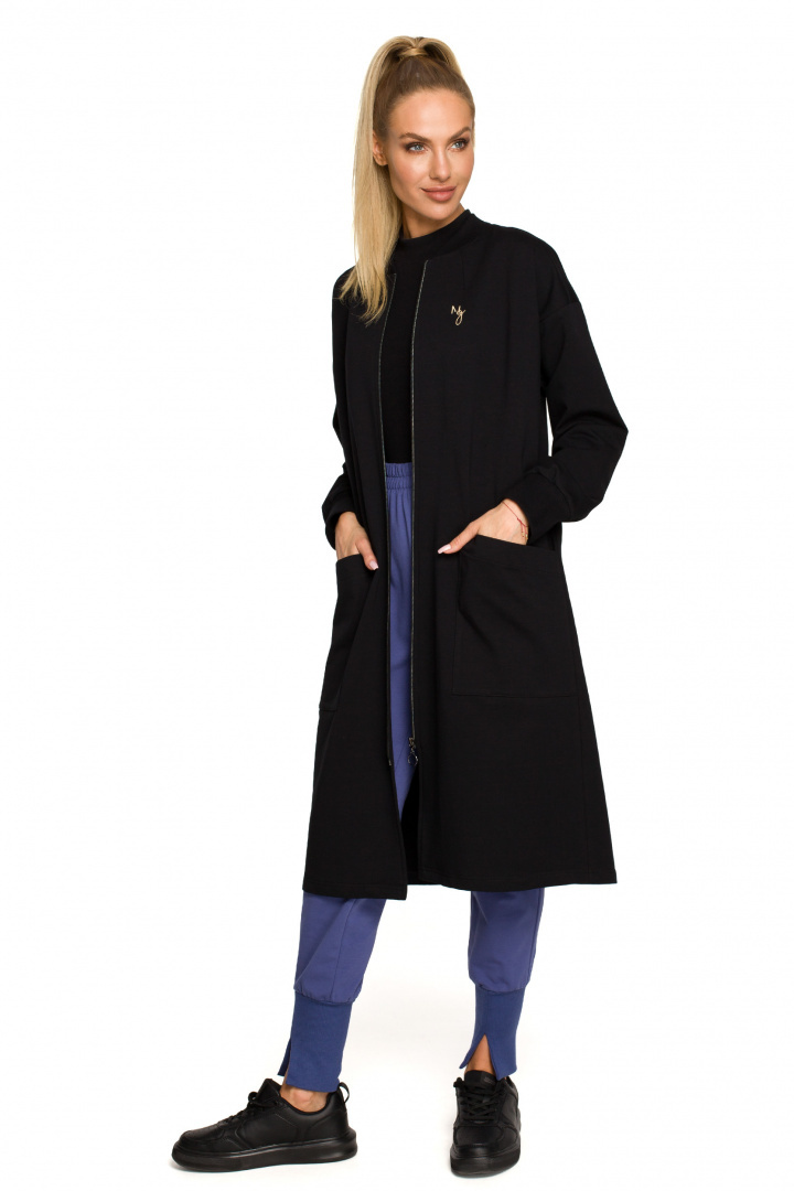 Bluza damska długa parka dzianinowa zapinana kieszenie czarna me694 Bluza damska długa parka dzianinowa zapinana kieszenie czarna me694