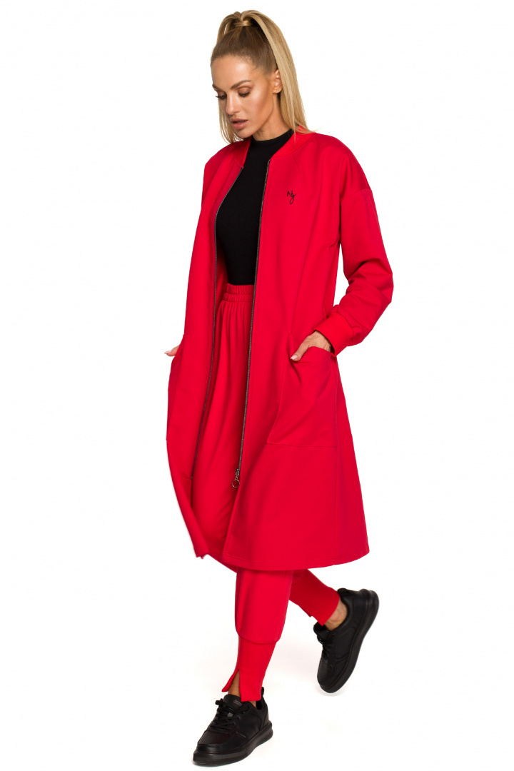 Bluza damska długa parka dzianinowa zapinana kieszenie czerwona me694 Bluza damska długa parka dzianinowa zapinana kieszenie czerwona me694