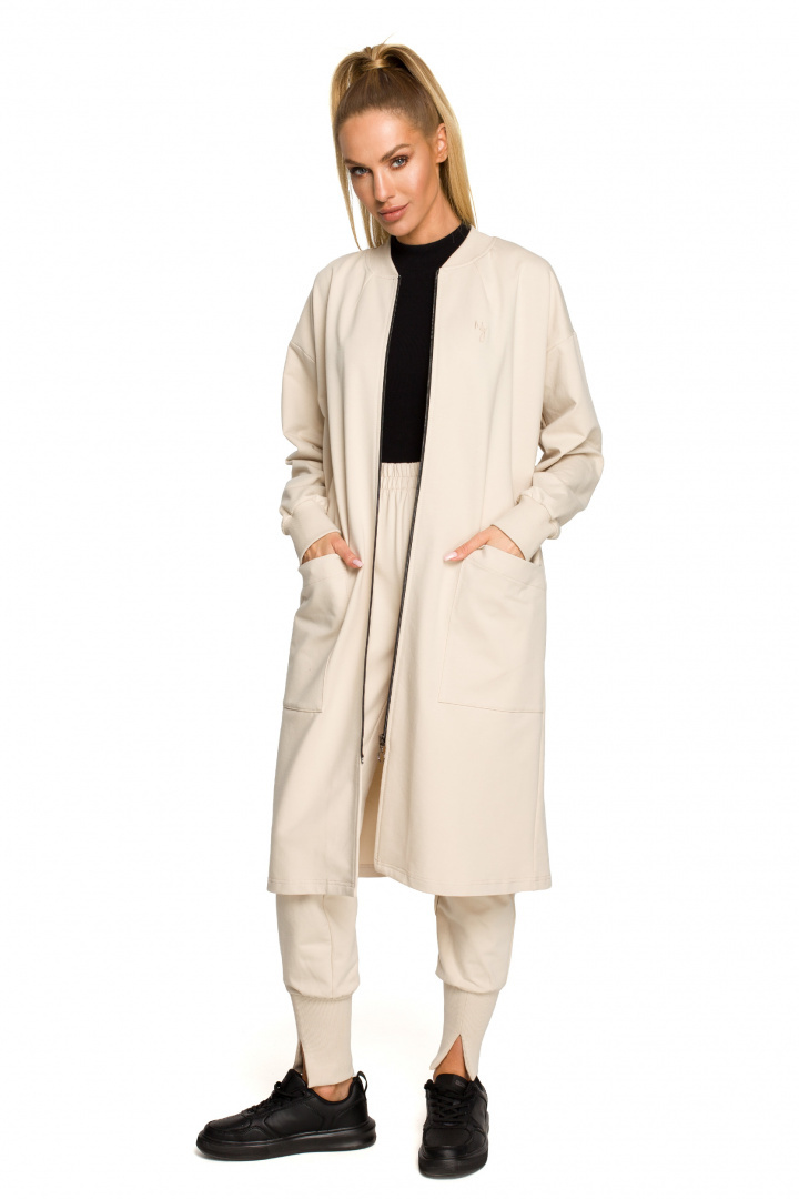 Bluza damska długa parka dzianinowa zapinana kieszenie piaskowa me694 Bluza damska długa parka dzianinowa zapinana kieszenie piaskowa me694