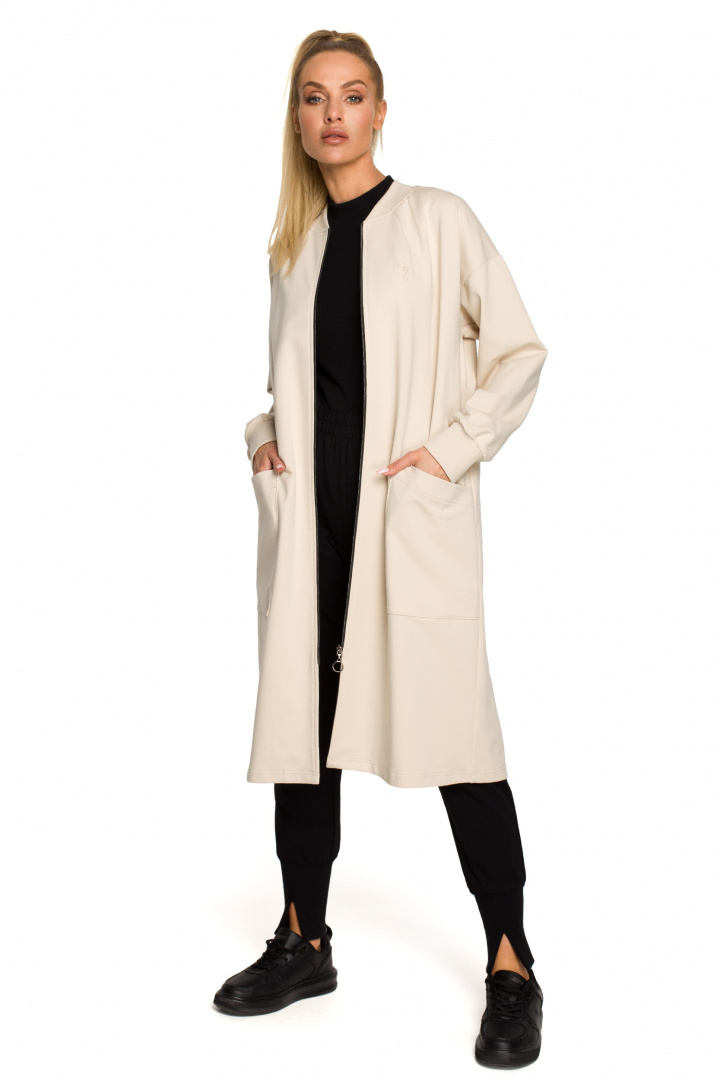 Bluza damska długa parka dzianinowa zapinana kieszenie piaskowa me694 Bluza damska długa parka dzianinowa zapinana kieszenie piaskowa me694