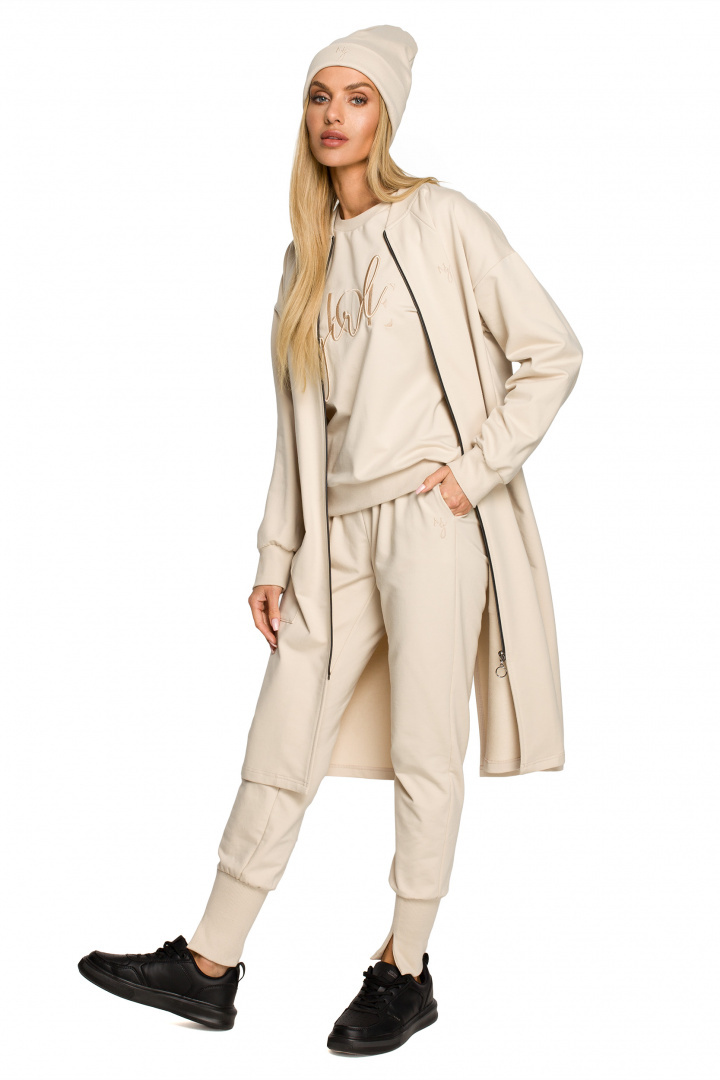 Bluza damska długa parka dzianinowa zapinana kieszenie piaskowa me694 Bluza damska długa parka dzianinowa zapinana kieszenie piaskowa me694
