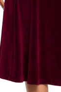 Elegancka sukienka midi rozkloszowana welurowa dekolt V M,L bordowa me645
