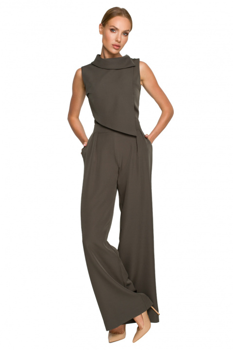 Elegancki kombinezon bez rękawów z szerokimi nogawkami khaki me702 Elegancki kombinezon bez rękawów z szerokimi nogawkami khaki me702