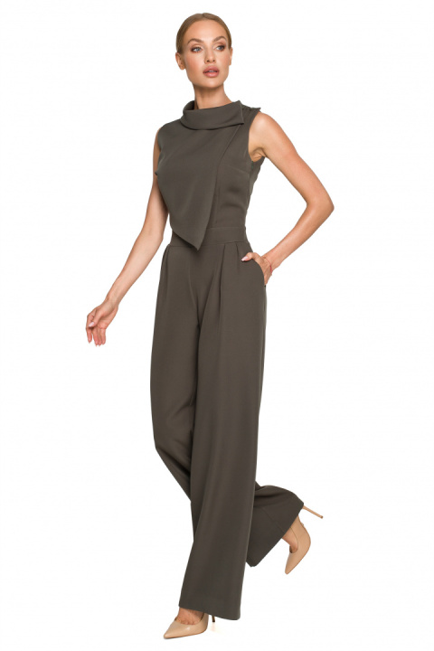Elegancki kombinezon bez rękawów z szerokimi nogawkami khaki me702 Elegancki kombinezon bez rękawów z szerokimi nogawkami khaki me702