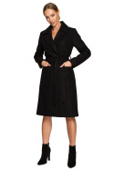 Płaszcz damski flauszowy klasyczny bez zapięcia wiązany czarny me708